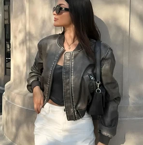 ZARA CHARCOAL WORN EFFECT FAUX LEATHER BIKER OVERSIZED BOMBER JACKET ZIP POCKETS - Picture 1 of 24