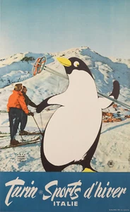 Affiche originale ski, Campagnoli, Turin, sports d'hiver, pingouin, montagne, 1955 - Photo 1/5
