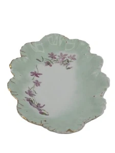 Limoges Scalloped Platter Mint Green Purple Flowers 9 in Long Antique Ceramic - Picture 1 of 8