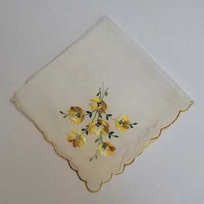 Vintage Handkerchief Embroidered Yellow Flowers Floral Scalloped Edges - Image 1 of 4