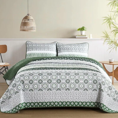 WONGS 绿色波西米亚条纹拼布被子套装国王尺寸 2 枕套超细纤维 — 第 1/4 张图片