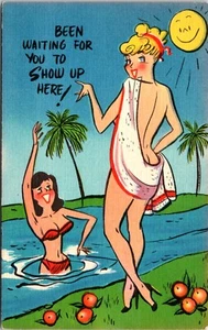 Hermoso Sexy Mujeres Traje de Baño Amigo Desnudo Toalla Sonriente Sol Postal A10 - Imagen 1 de 2