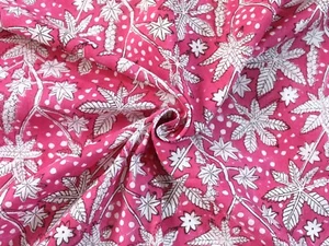 50 Yard Pink White Floral Hand Block Printed Cotton Fabric Dressmaking Fabric - Picture 1 of 8