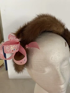 Vintage Mink Hairband With Pink Bow Size Small Winter Wonderland Party - Picture 1 of 9