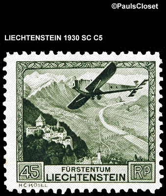 LIE 1930 SC C5 AIRPLANE OVER RHINE VALLEY 45rp OLIVE GRN MVLH OG F/VF - Image 1 of 2