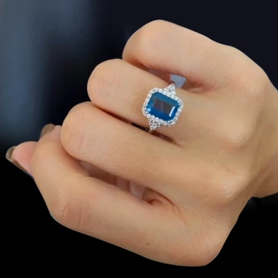 Anillo de boda de topacio azul Londres diamante real corte esmeralda de oro... - Imagen 1 de 4