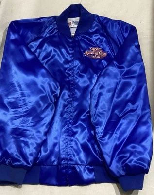 Jaqueta bordada de cetim vintage 1991 GMC Truck American Music Tour azul XXL - Imagem 1 de 4
