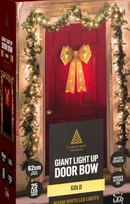 Giant Light Up Door Bow With 25 Warm White LED Light Christmas Decoration - Gold - Image 1 of 3
