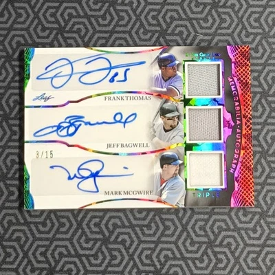 Frank Thomas/Jeff Bagwell/Mark McGwire Leaf In The Game Used Patch Auto /15 HOF - Image 1 of 2
