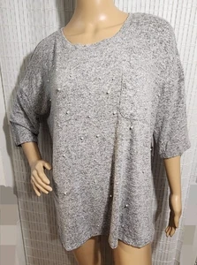 Peace And Pearls Top Größe M Farbe grau mit Perlenbesatz Relax Fit - Bild 1 von 12