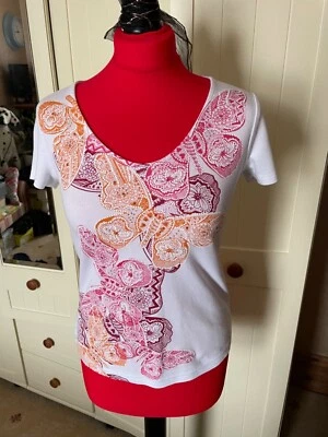 DEBENHAMS Ladies T Shirt Size 10 White Cotton Sequin Butterfly Cap Sleeve - Image 1 of 4
