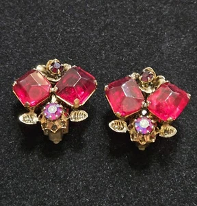 Österreich Rubinrot Blumen Clip Ohrringe MCM 50er GLAM Urlaub Weihnachten Party Vintage  - Bild 1 von 8