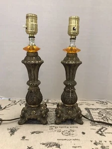 Set Of 2 Vintage Metal 13” High Lamps Good Working Condition Amber Coloured Ring - Imagen 1 de 12