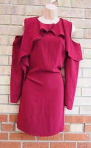 RIVER ISLAND BURGUNDY RUFFLE COLD SHOULDER LONG SLEEVE SHIFT FORMAL DRESS 16 XL - Picture 1 of 7