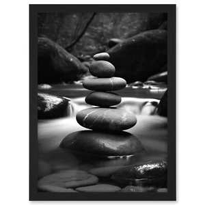 Zen Stacking Stones in River Black and White Photo Framed Art Picture Print A3 - Picture 1 of 31