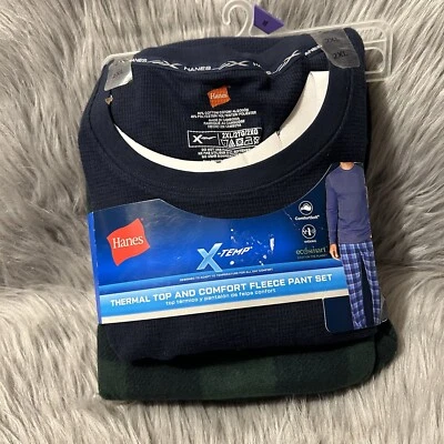 Hanes 2 件套睡衣套装男式 2XL 码绿色蓝色保暖上衣羊毛格子裤 — 第 1/4 张图片