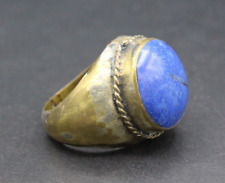 Tribal Turkmen Alpaka Gold Color Blue Enamel Ring, Belly Dance Round Afghan Ring