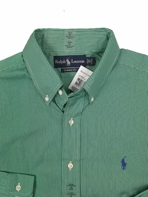 NEW Polo Ralph Lauren Classic Fit Dress Shirt!   Green With Thin White Stripes - Image 1 of 2