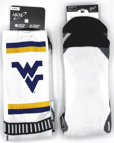 WVA MOUNTAINEERS NCAA LOGO STRIPE MEN'S WHITE CREW SOCKS LARGE (10-13) FREE SHIP Cover