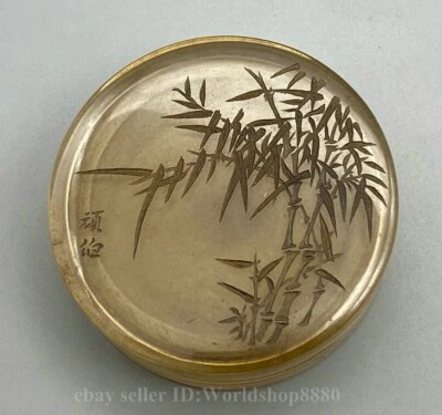 Caja de tinta tapa redonda patrón palabras bambú esmalte antiguo marcado Qianlong de 3" Foto 1 de 4