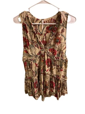 Free People 层叠束腰上衣花卉蜂鸟印花米色小号波西米亚 — 第 1/4 张图片