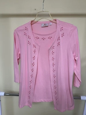 Quacker Factory Women’s Pink Tank And Cardigan Set With Eyelet Detail Size M - Image 1 of 3