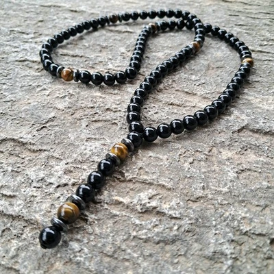 Collana di perle nere onice occhio di tigre Y catena uomo donna regalo di Natale - Immagine 1 di 4