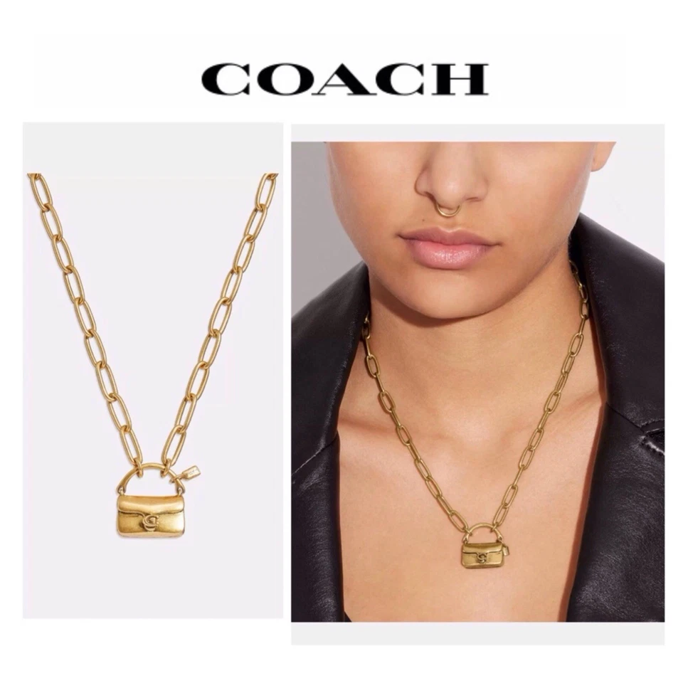 Coach MINI TABBY HANDBAG CHARM Gold Tone Brass Pendant Chain Necklace