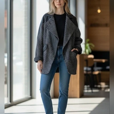 Abrigo Winlit Vintage Negro Gris Estampado Lana Cuero Mujer Talla Grande Pequeña Foto 1 de 4