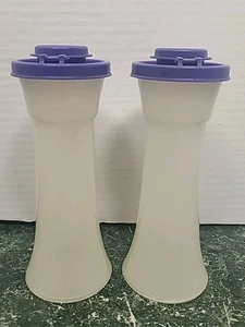 Vintage 2 Tupperware Hourglass Salt & Pepper Shakers Set Blue Lids 6" - Picture 1 of 7