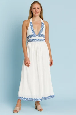 Vestido Lulus Maxi Halter Feminino Grande Branco Bordado Sem Costas Cottagecore Boho - Imagem 1 de 4