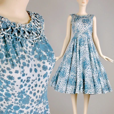 Vintage 40s Floral Circle Swing Dress XS/S Blue Skirt Cotton w Pocket 50s - Image 1 of 4
