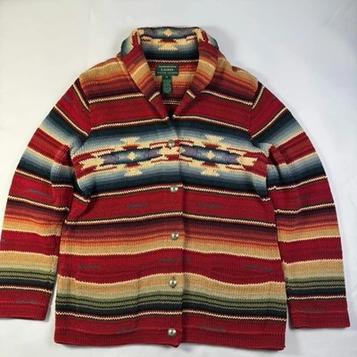 Hand Knit Lauren Ralph Lauren Aztec Southwest Cardigan Sweater Medium - Image 1 of 4