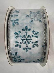 Kirkland Ribbon Wire 50 yds x 2 1/2 Blue Glitter Snowflake on White Satin Sealed - Picture 1 of 4