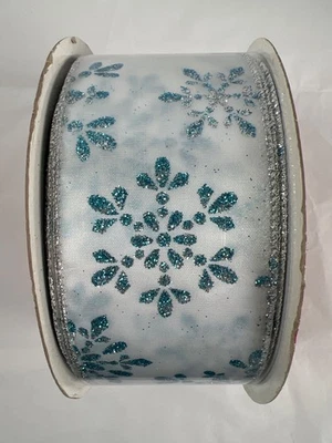 Kirkland Ribbon Wire 50 yds x 2 1/2 Blue Glitter Snowflake on White Satin Sealed - Image 1 of 4