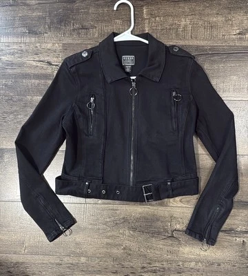 Chaqueta de moto Guess negra Denim Maven cremalleras para mujer talla XS Foto 1 de 4