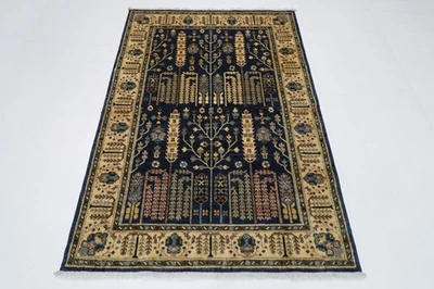 4x6 ft Tree of life Blue Oriental Area Rug Afghan Hand Knotted Veg dye Wool Rug - Image 1 of 4