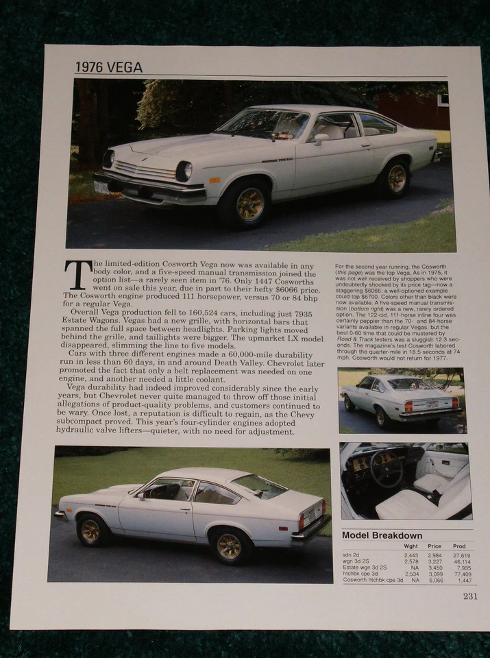 Chevy Vega 1976 hoja de especificaciones información foto 76 Cosworth cupé vagón ★★ Foto 1 de 1