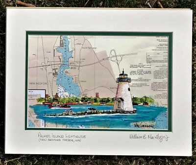PALMER ISLAND LIGHTHOUSE impresión artística nuevo Bedford MA Harbor Light Station mapa regalo Foto 1 de 2