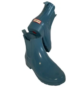 Hunter Refined Chelsea Size 5 Gloss Rain Boots Light Blue Ankle Slush Puddle - Picture 1 of 9