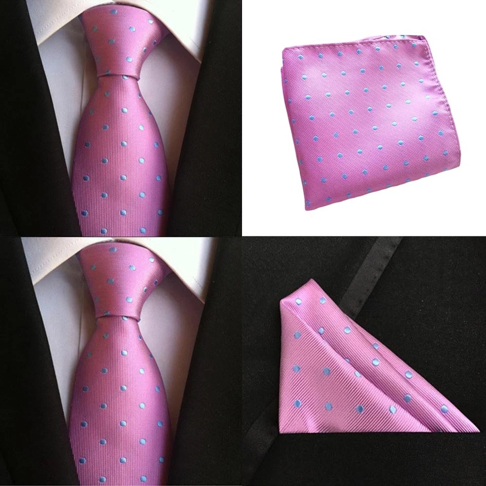 Men Pink Blue Polka Dots Ties Pocket Square Handkerchief Set Lot HZTIE0071 - Image 1 of 1