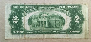 1928 D $2.00 DOLLAR RED SEAL NOTE Back image shifted up CA Block Fr# 1505 - Picture 1 of 2