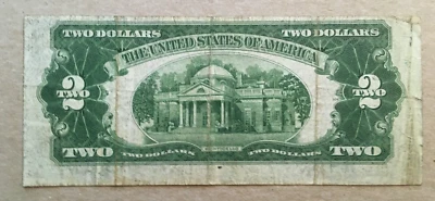 1928 D $2.00 DOLLAR RED SEAL NOTE Back image shifted up CA Block Fr# 1505 - Image 1 of 2