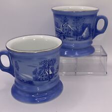 Vintage Currier and Ives Mug Cup Set of 2 Winter Homestead & Farmers Home Blue