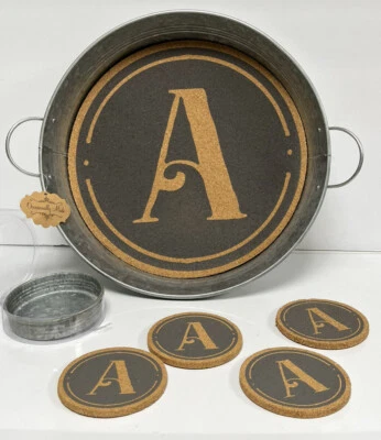 Galvanized Metal Cork Bottom Serving Tray 6 pc Set W/ Cork Coasters Monogram A - Image 1 of 4