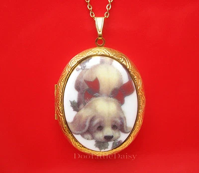 Lindo Collar Colgante Medallón GT Porcelana PERRO DE NAVIDAD con Lazo Rojo y Acebo CAMEO Foto 1 de 3