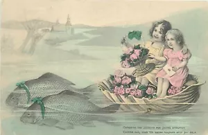 Tarjeta postal de saludo barco pesca niños niñas coloreada a mano 25-2415 - Imagen 1 de 2