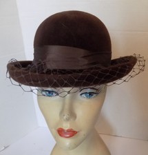 Vintage Brown Velour Hat Veil Ribbon Trim Bow