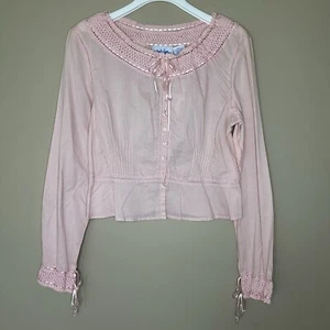 Vintage w/ Tag Pink Coquette Cottagecore Top Lace Pintucks Peplum Women L Barbie - Picture 1 of 12