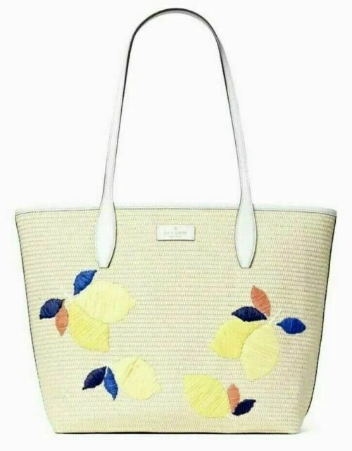 kate spade new york wkru6715 Ash Straw Lemon Zest Large Tote Handbag